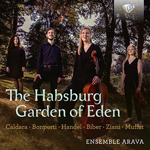 CD cover featuring four musicians in dark clothing, garden background.