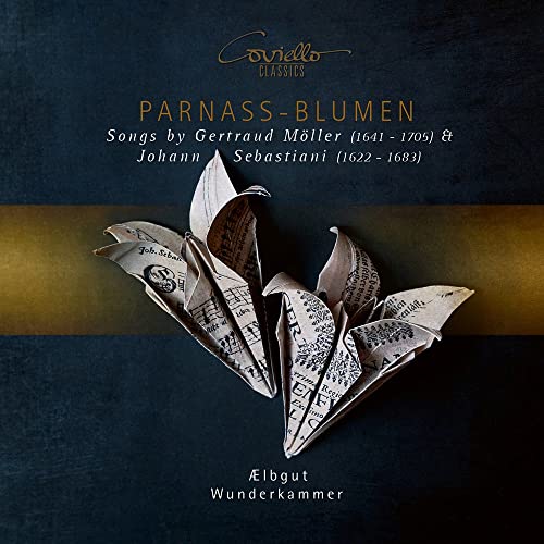 CD cover: paper flower made from sheet music on a dark background.