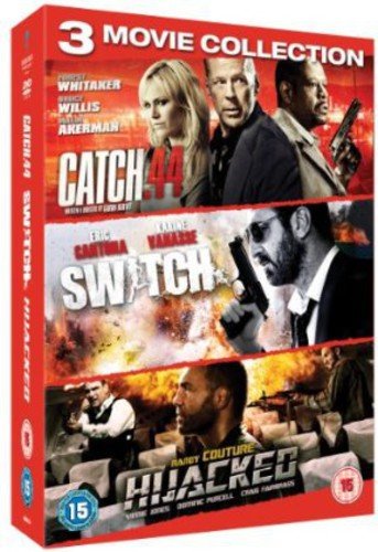 Red DVD box set featuring three action movie covers with dramatic scenes and characters.
