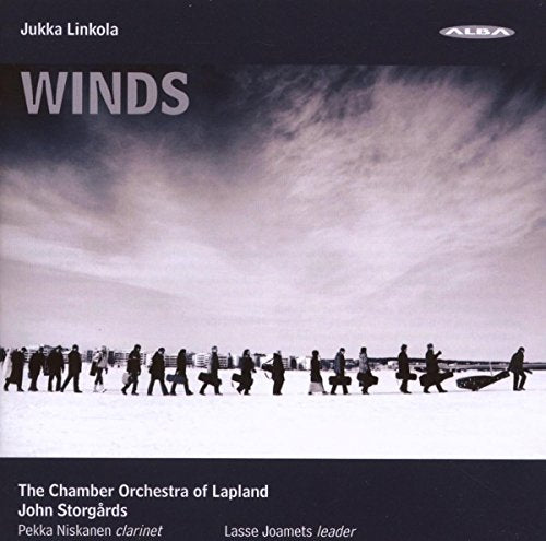 CD cover: snowy landscape with silhouetted figures, text "Winds" and orchestra details.