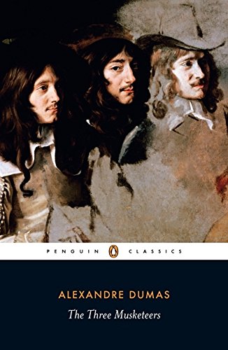 "Book cover of 'The Three Musketeers' featuring a painting of three men in 17th-century attire."
