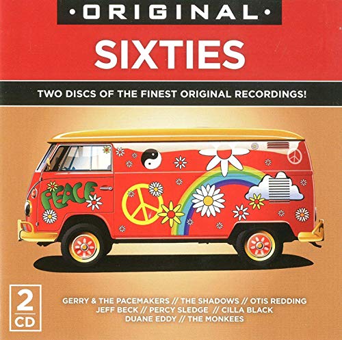 "CD cover with red van, peace signs, and flowers on an orange background."