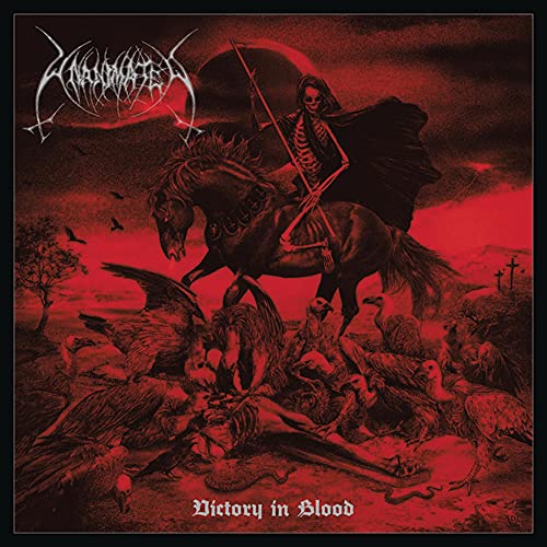 Album cover: skeletal rider on horseback amidst vultures, red sky.