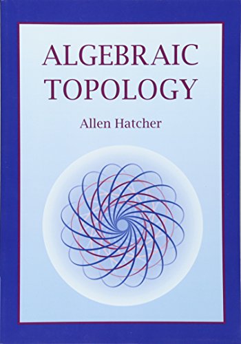 The image depicts the cover of a book titled "Algebraic Topology" by Allen Hatcher. Here is a concise, descriptive alt text: "Book cover with blue background, red title, and swirling lines graphic."