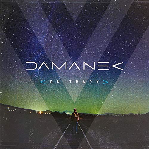 "Damanek On Track CD cover with man standing on train tracks under starry night sky."