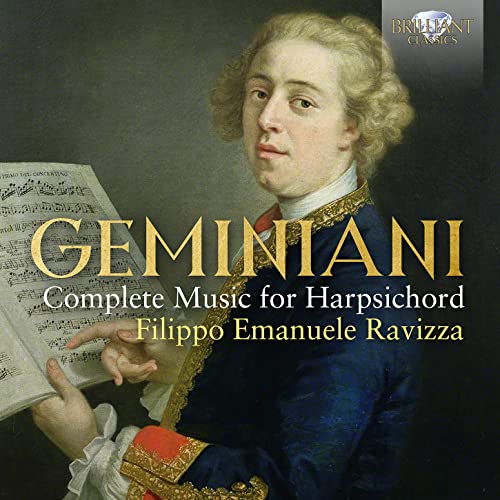 CD cover featuring a portrait of composer Francesco Geminiani and sheet music.