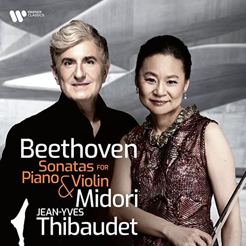 Jean-Yves Thibaudet and Midori on CD cover for Beethoven sonatas.