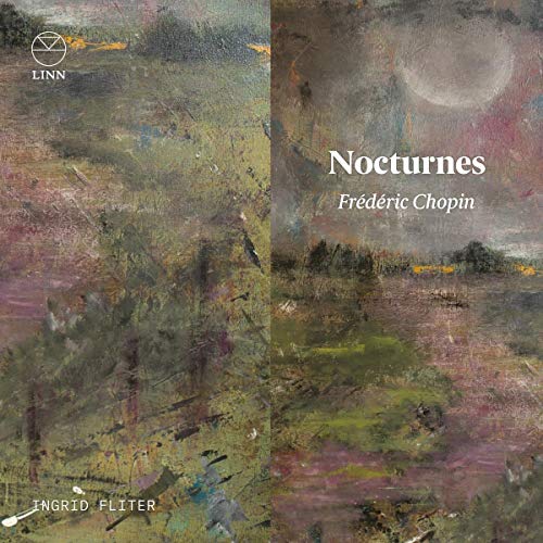 Album cover with abstract landscape painting, moonlit scene, and white text "Nocturnes Frédéric Chopin".