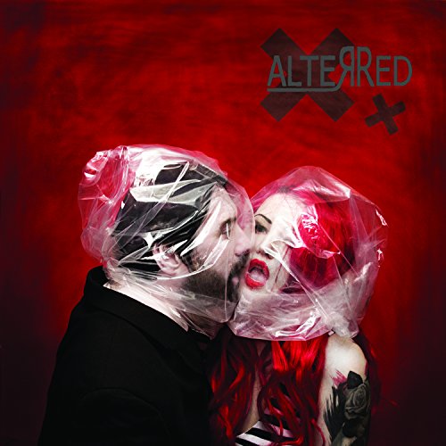 Couple with plastic wrap over heads on a red textured background.