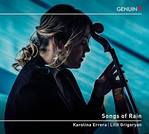 Cellist Karolina Errera in profile, album cover for "Songs of Rain.