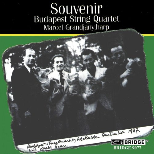 "CD cover with black-and-white photo of men holding koalas on a green background."