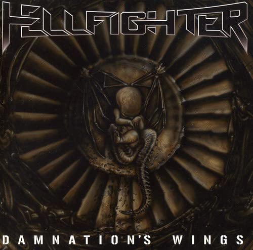 CD cover for Hellfighter’s “Damnations Wings” featuring dark, surreal imagery.