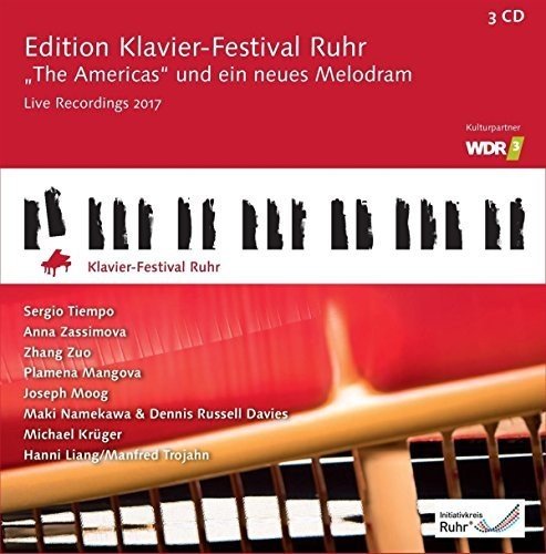 Red CD cover with piano keys and silhouettes of people.