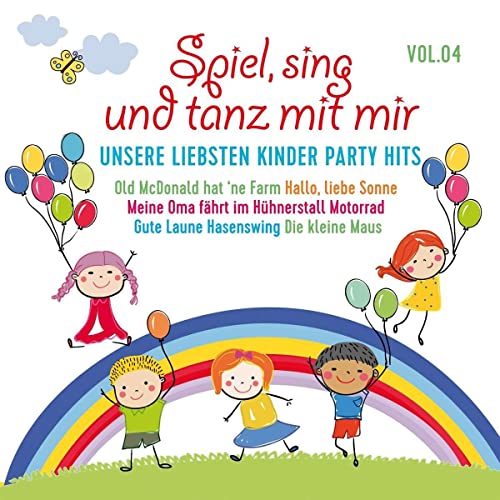 CD cover with children, a rainbow, balloons, and German text for children's party hits.