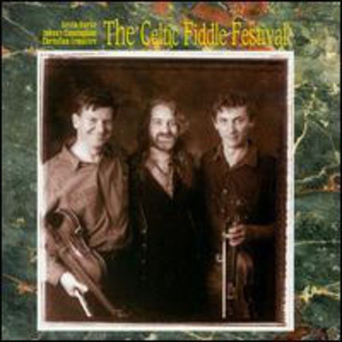 "CD cover with three men holding violins, green marble background."