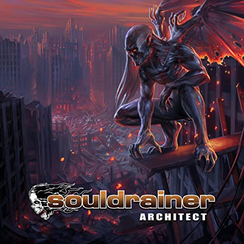Dark fantasy album cover featuring a winged, monstrous figure in a ruined city.