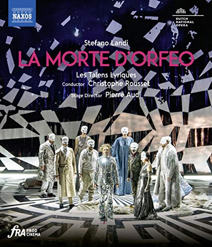 "Opera cover art featuring performers on a black and white geometric stage."
