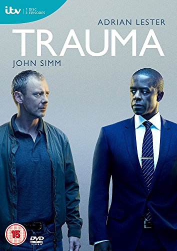 DVD cover for Trauma featuring actors John Simm and Adrian Lester against blue background.