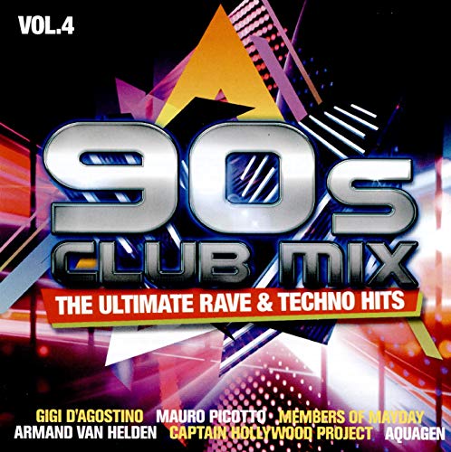 CD cover for "90s Club Mix Vol. 4" with bold 90s text and neon graphics.