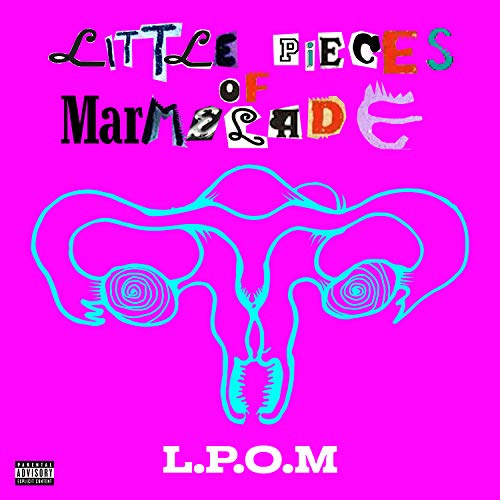 Bright pink album cover with collage text and a stylized uterus image.