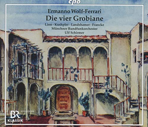 CD cover for Wolf-Ferrari’s “Die vier Grobiane” with a watercolor building.