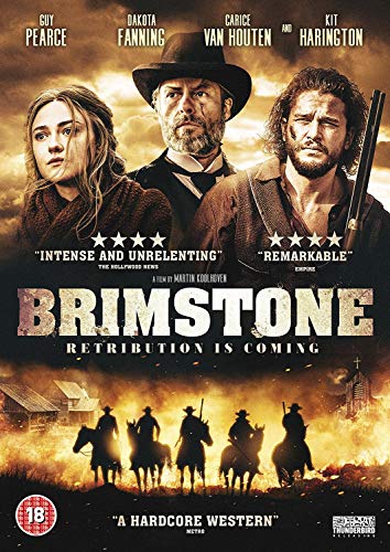 Brimstone DVD cover featuring Guy Pearce, Dakota Fanning, and a Western landscape.
