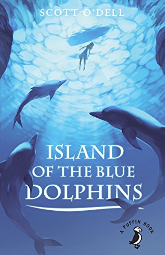 "Book cover featuring a girl surrounded by dolphins underwater, with title 'Island of the Blue Dolphins'."