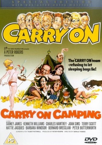 "Carry On Camping DVD cover featuring cartoon characters around a tent, comedic chaos."