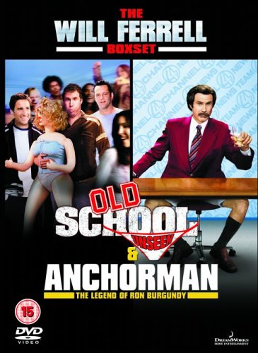 DVD cover featuring Will Ferrell in two movie scenes: Old School and Anchorman.