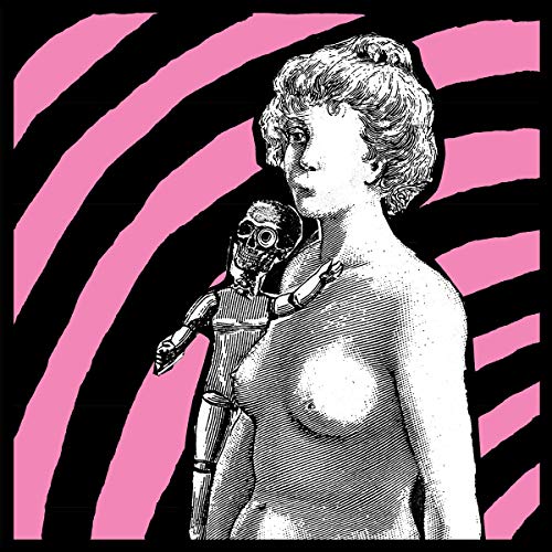 Black and white illustration of a woman and robotic skeleton, pink stripes.