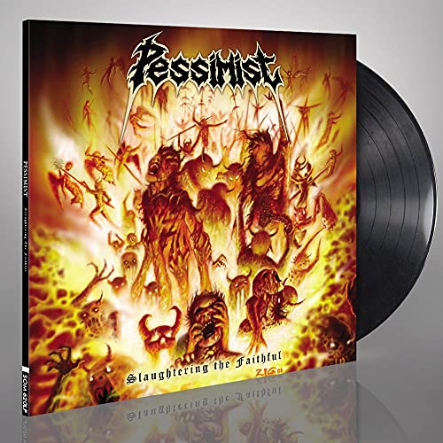 Vinyl record for Pessimist’s “Slaughtering The Faithful” album, featuring fiery, chaotic artwork.