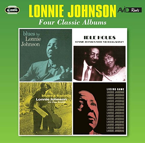 "CD cover with four album images on green background, featuring Lonnie Johnson."