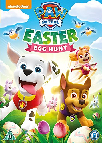 "Paw Patrol Easter Egg Hunt DVD cover featuring cartoon dogs amidst Easter eggs and flowers."