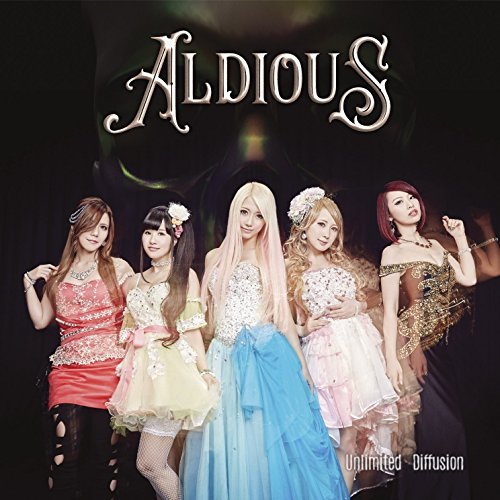 AlbumLace-dressed five-woman band Aldious posing against a dark background with a skull silhouette.