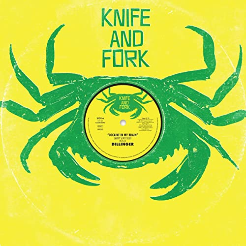 Yellow vinyl record with a large green crab graphic and text.