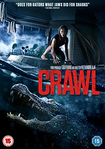 DVD cover for "Crawl" showing a woman fleeing an alligator in floodwaters.