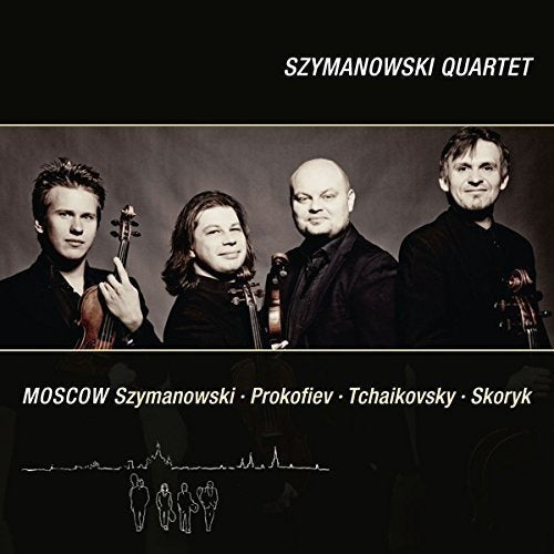 "CD cover featuring the Szymanowski Quartet holding string instruments against a dark background."