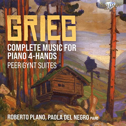 CD cover for Grieg’s piano music featuring a cabin in a forest.