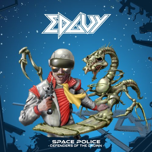 "Album cover art featuring a futuristic man fighting alien creatures against a blue background."
