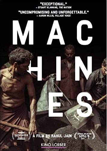 DVD cover for “Machines” film, showing workers and large letters.
