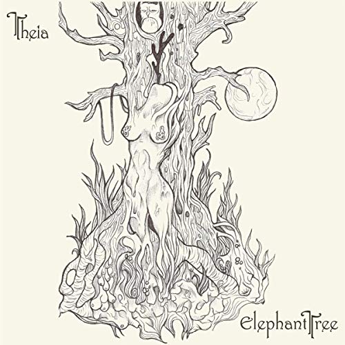 Line art of a tree with a figure and a full moon.