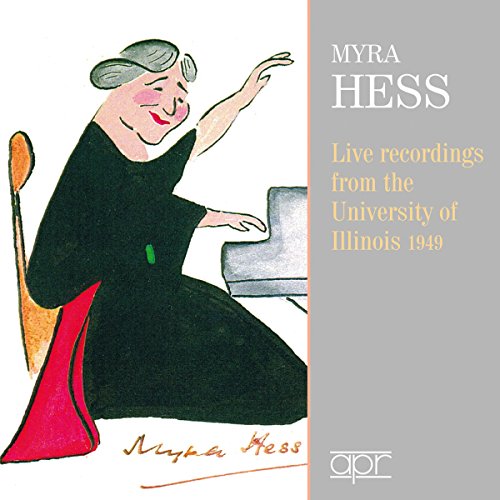 "CD cover featuring cartoon illustration of pianist Myra Hess playing a piano."