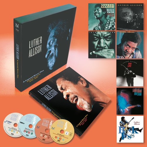 "Luther Allison box set with CDs and album covers on an orange background."
