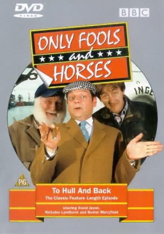 "Only Fools and Horses DVD cover featuring three men in a circular image."