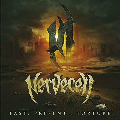 Dark album cover with a crumbling cityscape and large, stylized text.