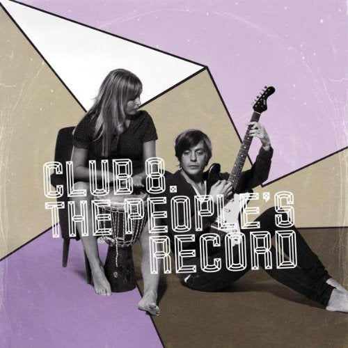 "Album cover with man holding guitar and woman, geometric shapes in background."