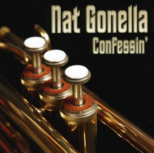 Trumpet valves on a shiny brass trumpet, with text "Nat Gonella Confessin'" on a black background.