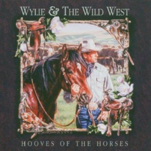 "Album cover: cowboy holding a horse, surrounded by western scenery and floral decorations."