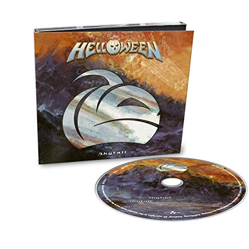 Helloween "Skyfall" CD digipak with silver skull design and open disc.