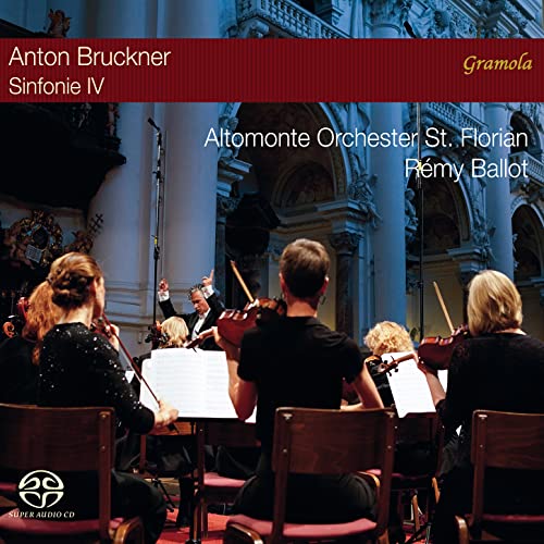 Orchestra performing in a grand hall, CD cover for Bruckner’s Symphony No. 4.